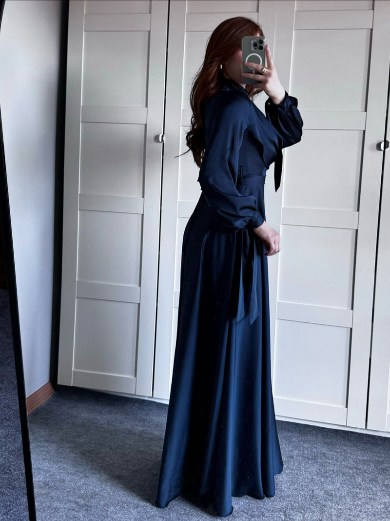 Satin Plunge Collar Long-Sleeve Maxi Dress