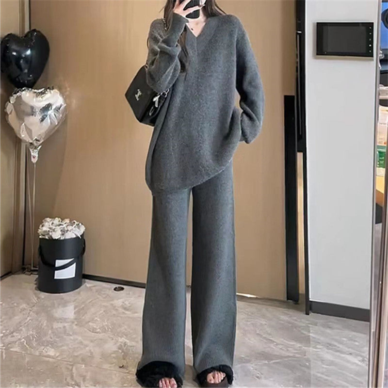 V-neck Sweater Pullover Fashion Two-piece Suit