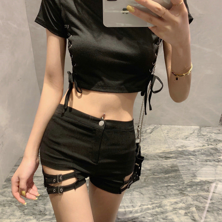 High Waist Stretch Shorts - Double Buckle