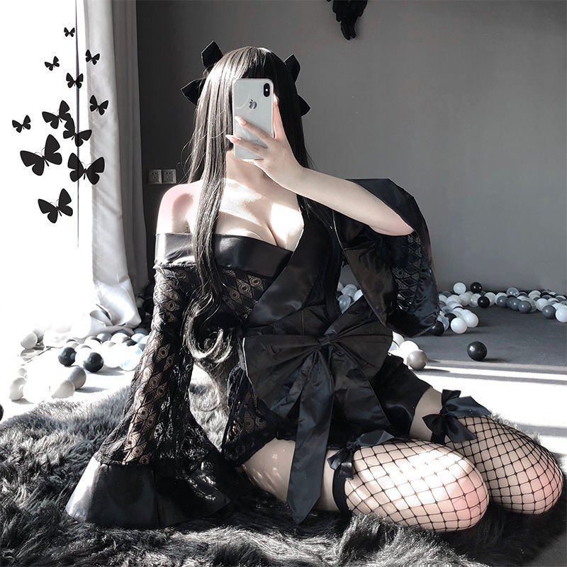 Dark Kimono Set, Sexy Robe, Wmn Paj Fit.