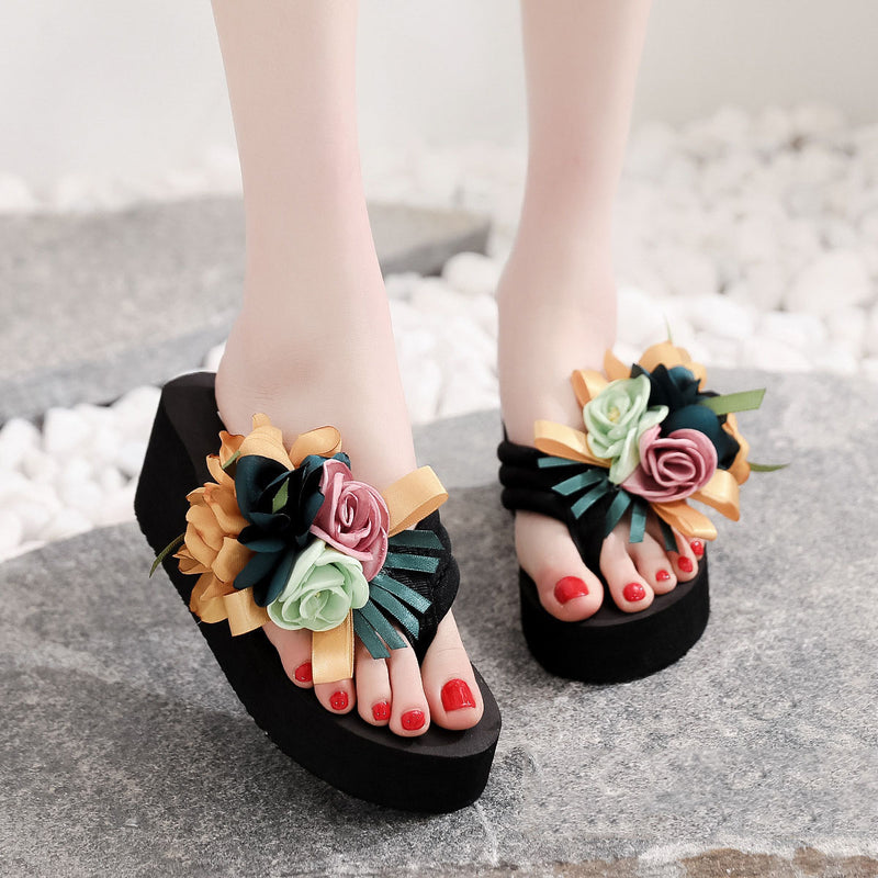 High-Heeled Flower Wedge Flip Flops