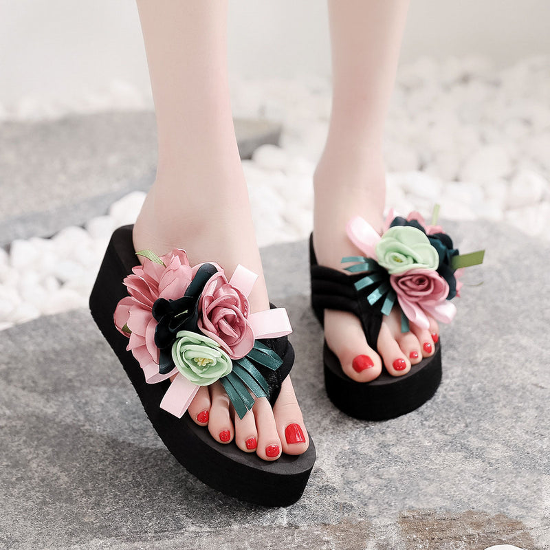 High-Heeled Flower Wedge Flip Flops