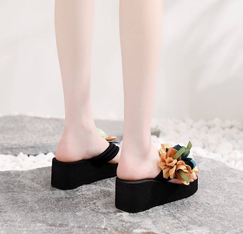 High-Heeled Flower Wedge Flip Flops