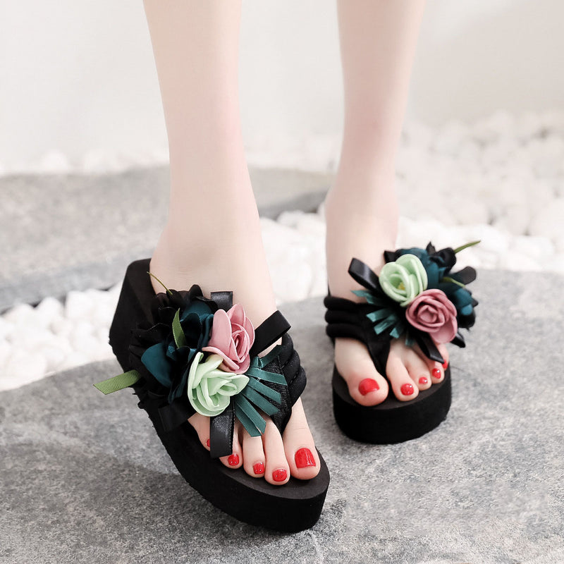 High-Heeled Flower Wedge Flip Flops