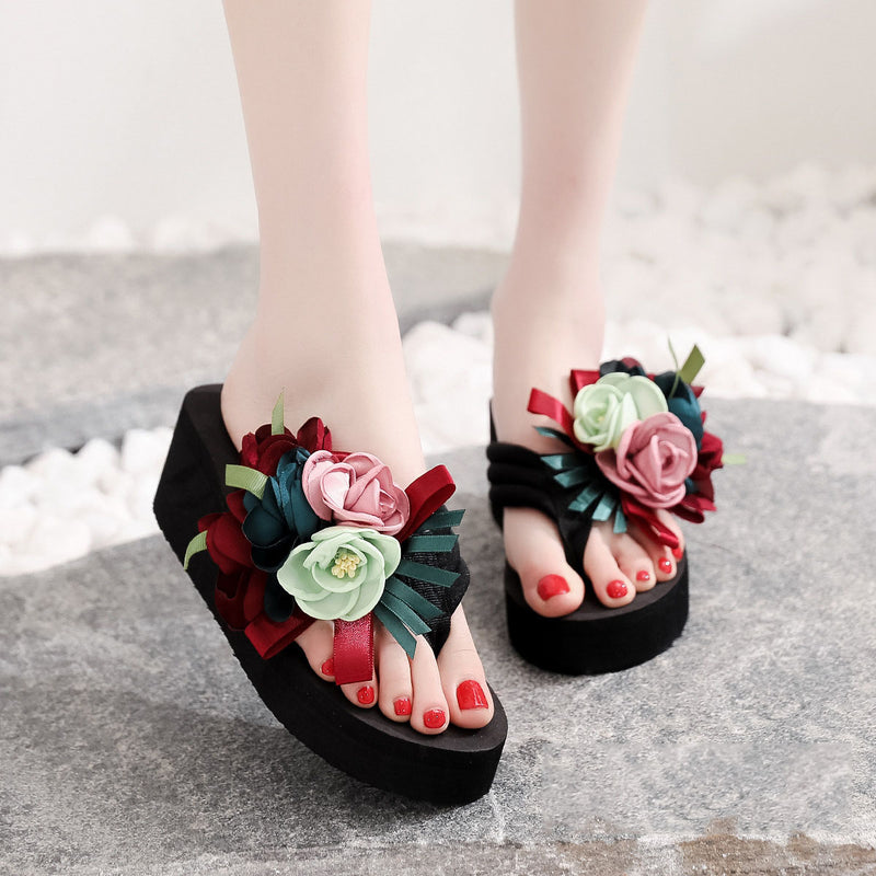 High-Heeled Flower Wedge Flip Flops