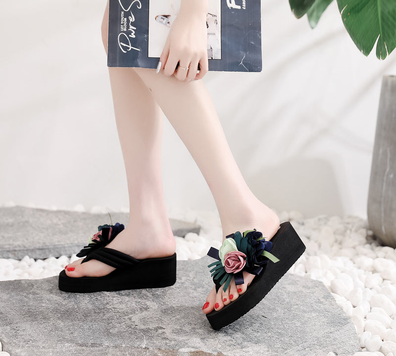 High-Heeled Flower Wedge Flip Flops