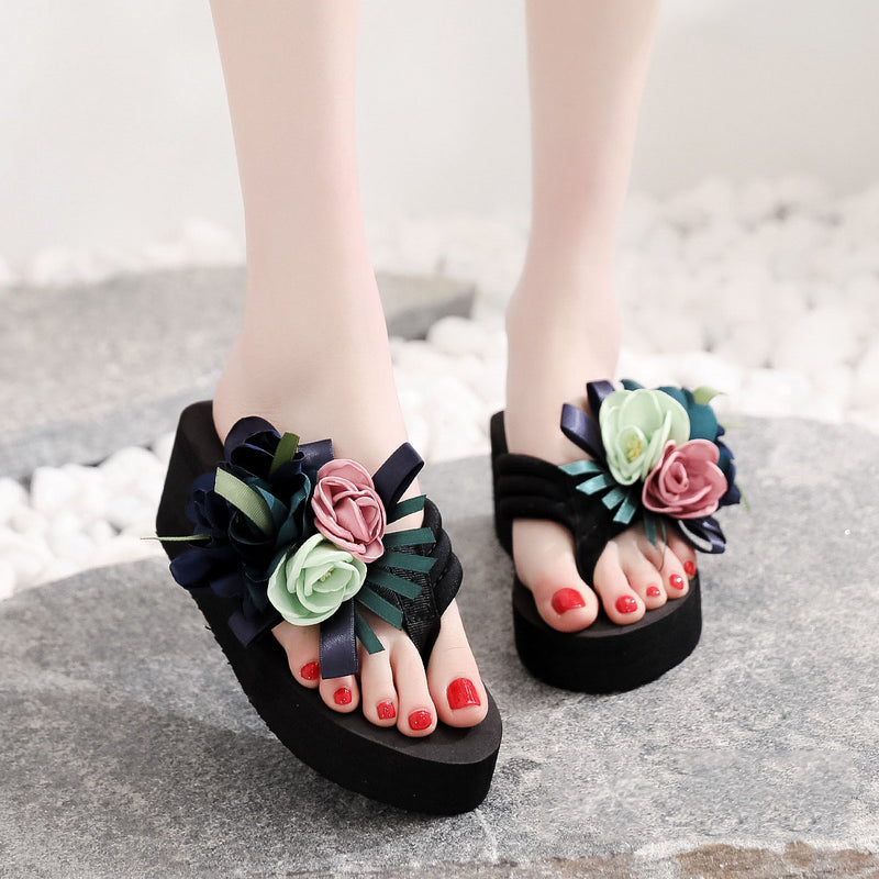 High-Heeled Flower Wedge Flip Flops