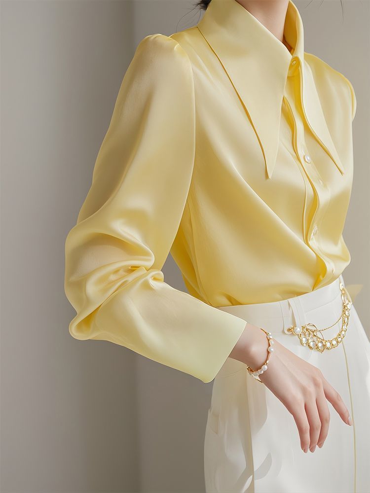 French Light Yellow Big Pointed Collar Shirt