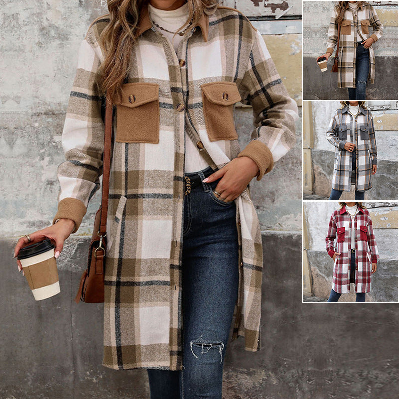 Plaid Long Coat with Pockets - Women&