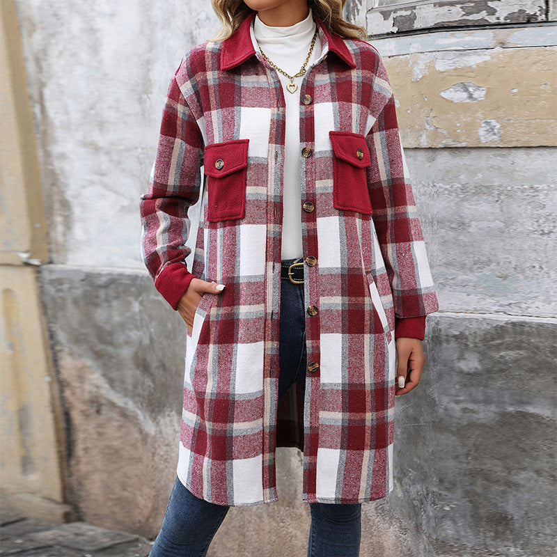 Plaid Long Coat with Pockets - Women&