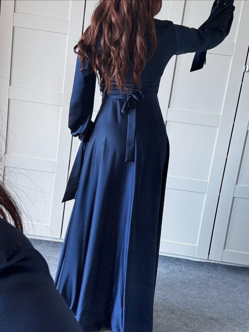 Satin Plunge Collar Long-Sleeve Maxi Dress