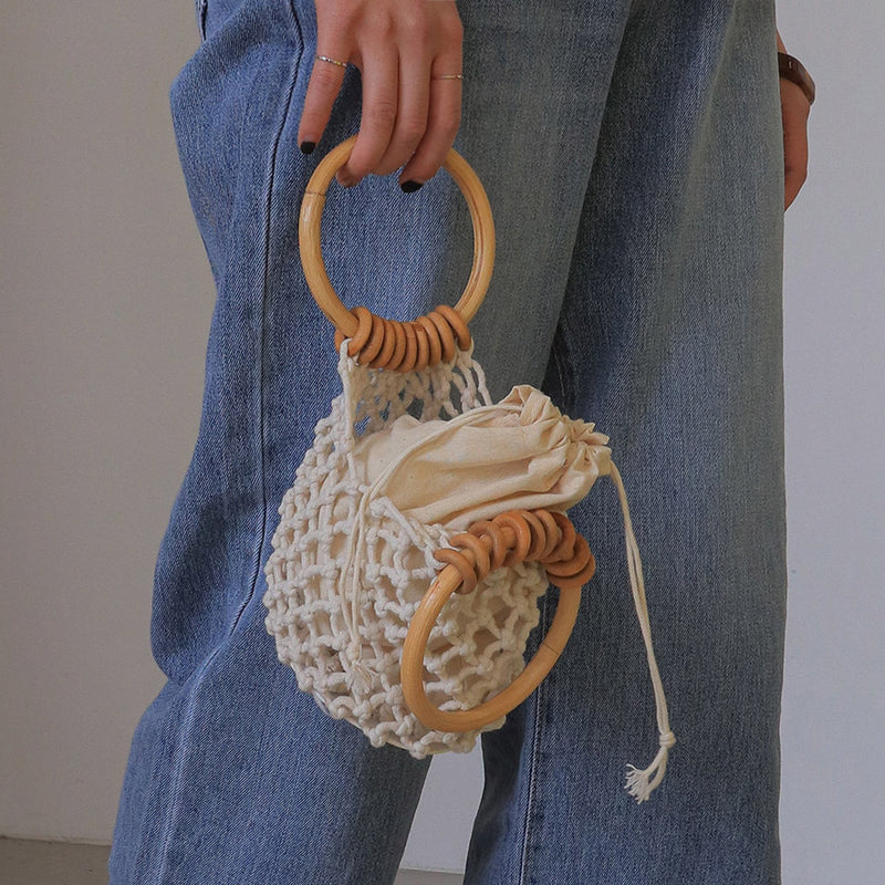 Fashion Woven Handbag with Wood Handle