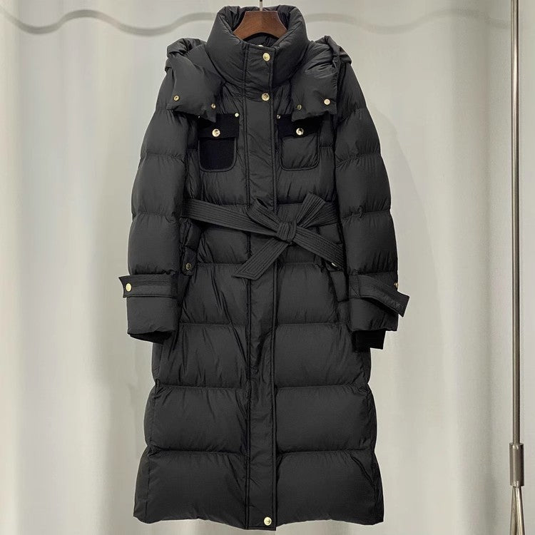 Waist-Tight Mid-Length Hooded Down Jacket