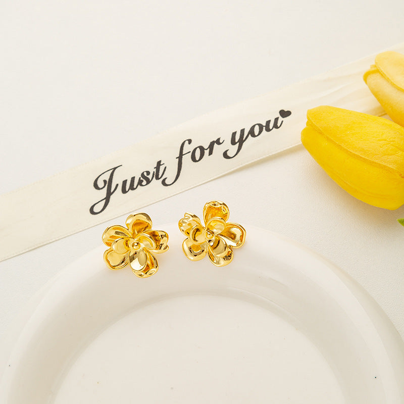 Silver Needle Golden Flower Stud Earrings