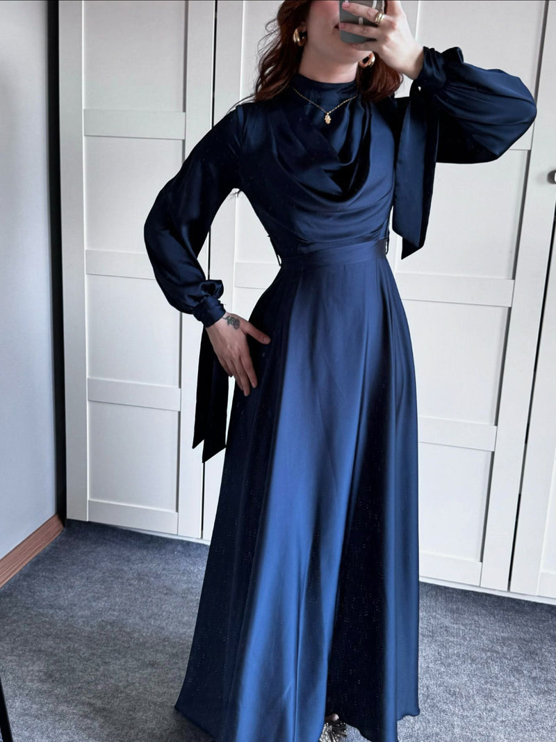 Satin Plunge Collar Long-Sleeve Maxi Dress