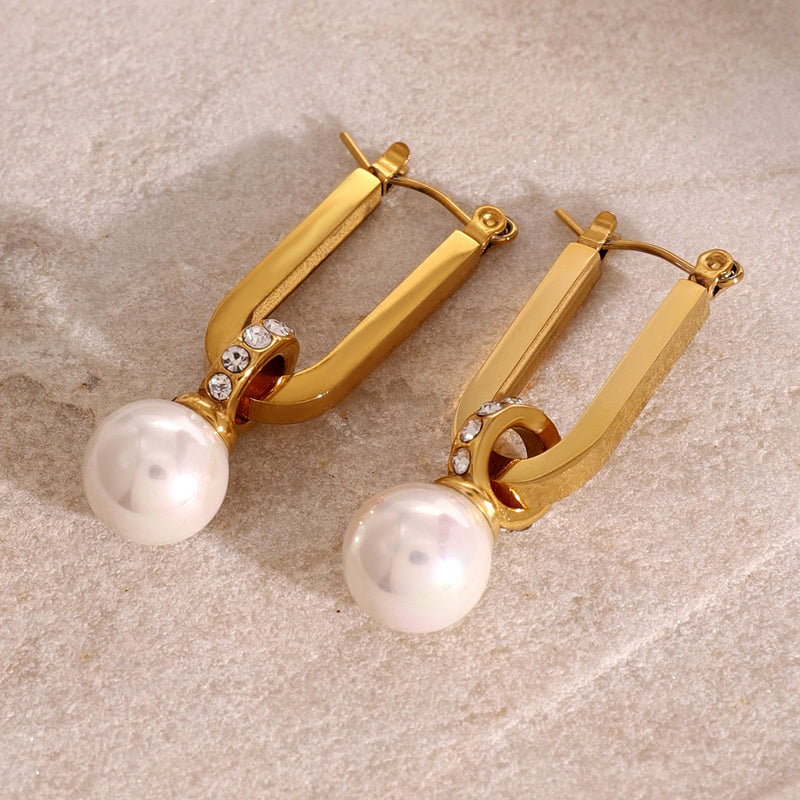 Stainless Steel Pearl Zircon Stud Earrings