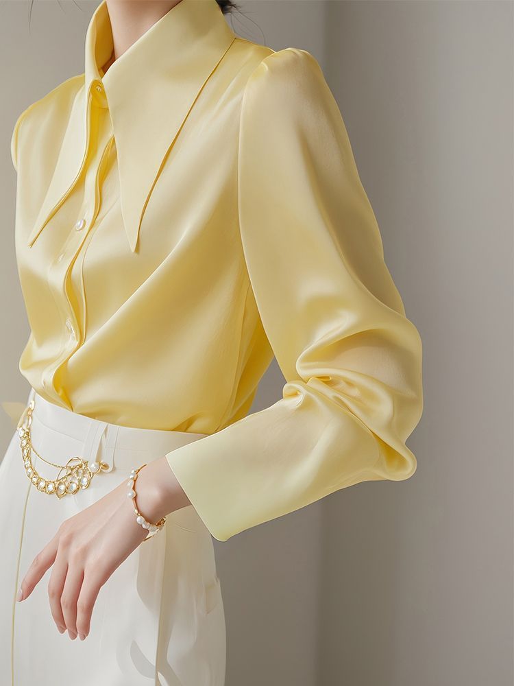 French Light Yellow Big Pointed Collar Shirt