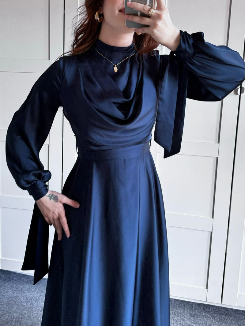 Satin Plunge Collar Long-Sleeve Maxi Dress