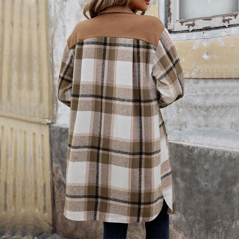 Plaid Long Coat with Pockets - Women&