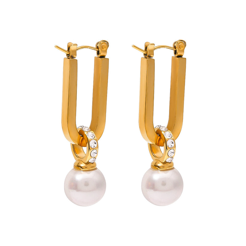 Stainless Steel Pearl Zircon Stud Earrings