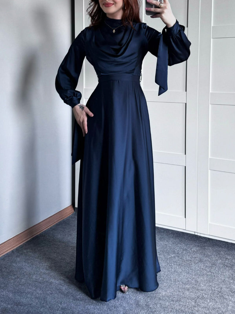 Satin Plunge Collar Long-Sleeve Maxi Dress