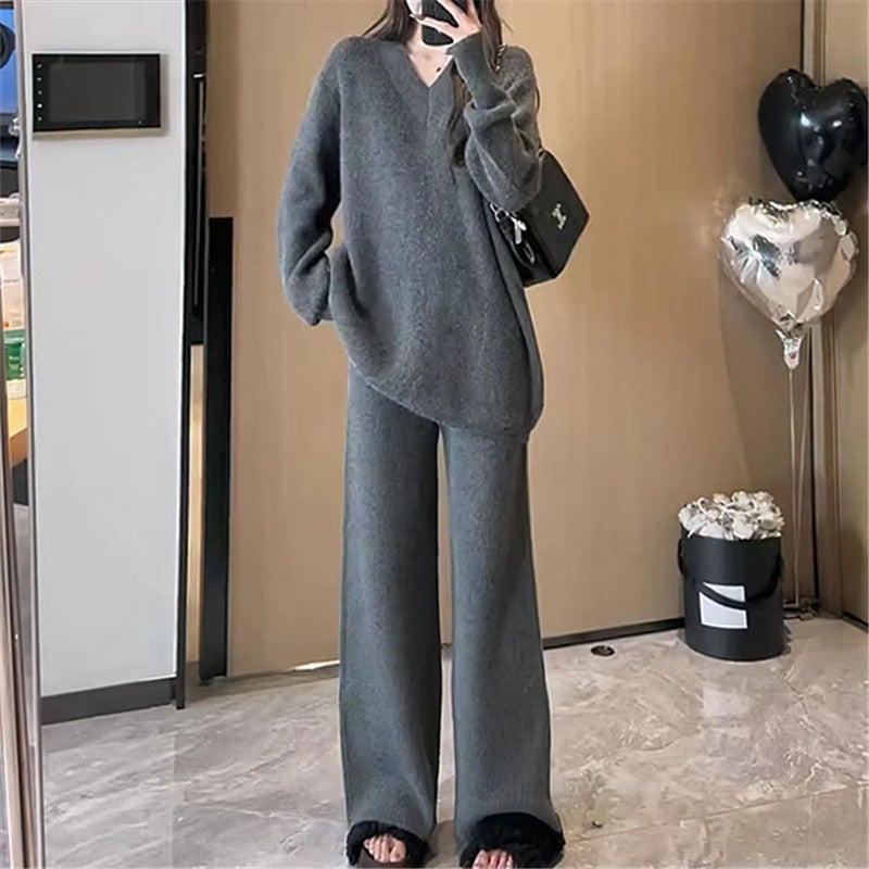 V-neck Sweater Pullover Fashion Two-piece Suit