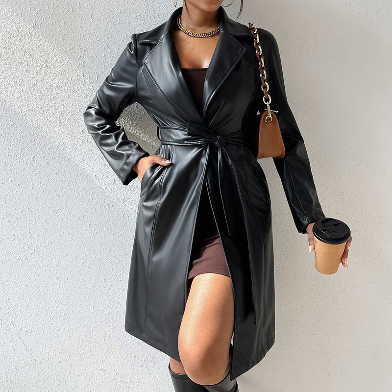 PU Leather Slim Trench Coat