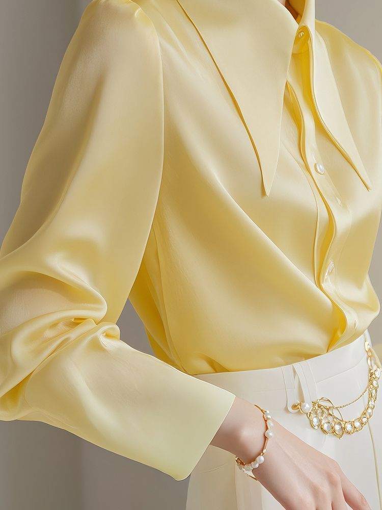 French Light Yellow Big Pointed Collar Shirt