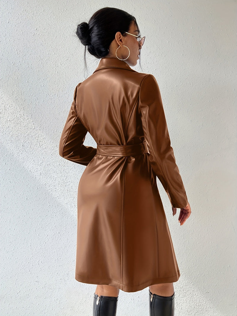 PU Leather Slim Trench Coat