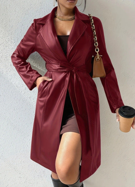 PU Leather Slim Trench Coat