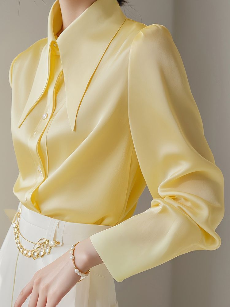 French Light Yellow Big Pointed Collar Shirt