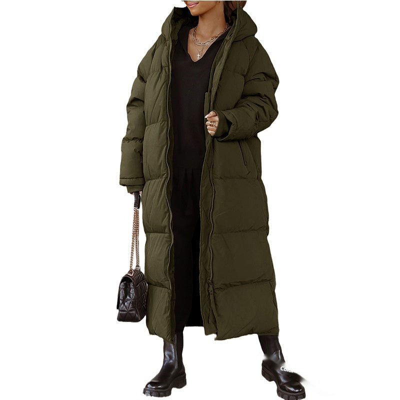 Hooded Solid Color Long Casual Zip Coat