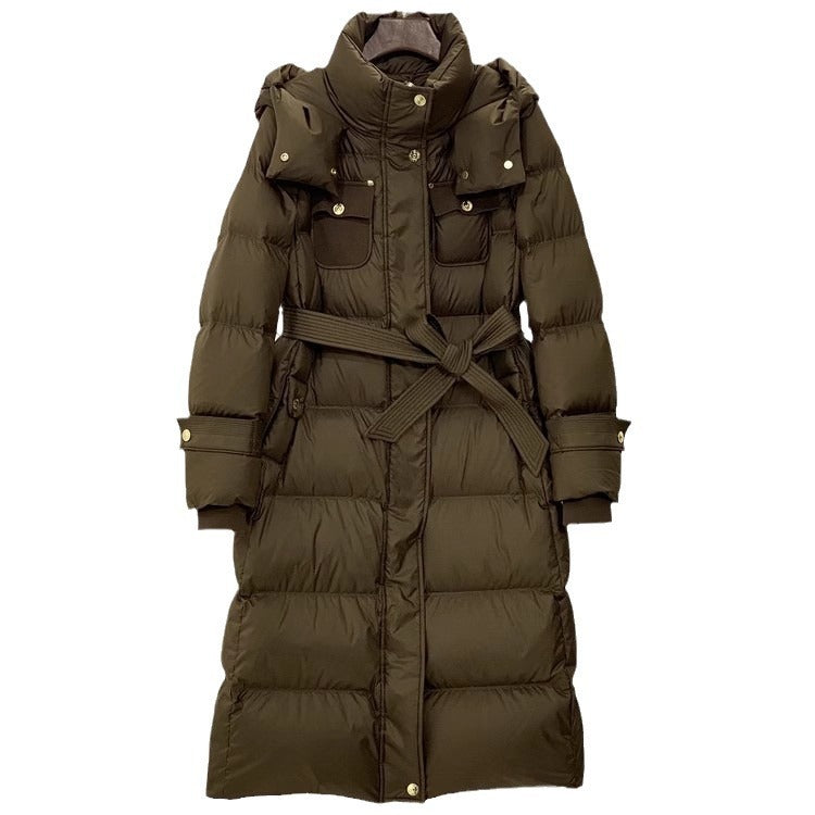 Waist-Tight Mid-Length Hooded Down Jacket