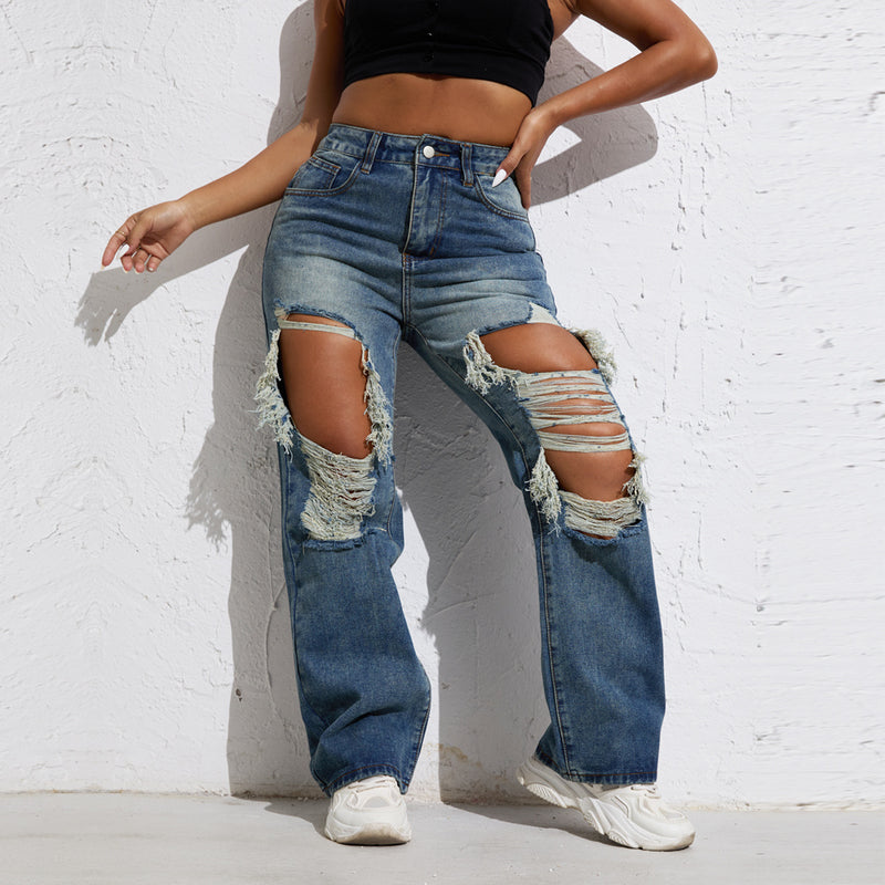 Blue Rip Jean, Wide Leg, Retro Wmn Fit.