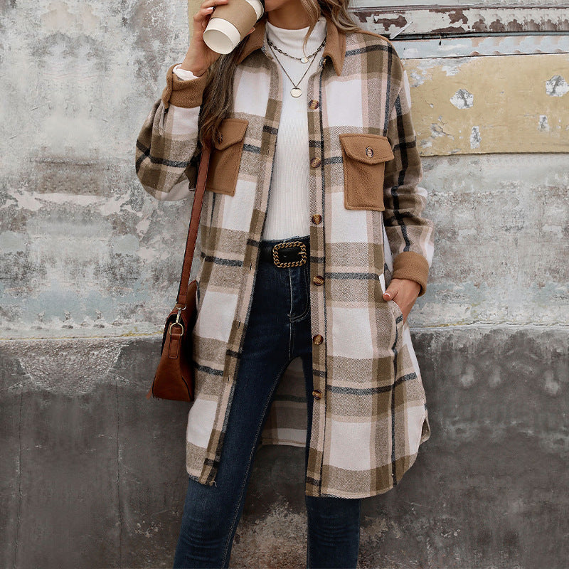 Plaid Long Coat with Pockets - Women&