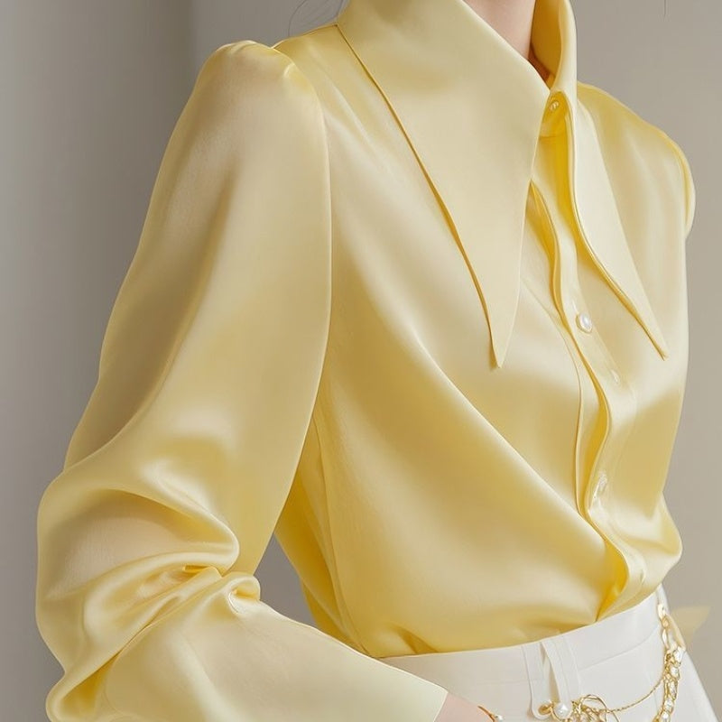 French Light Yellow Big Pointed Collar Shirt