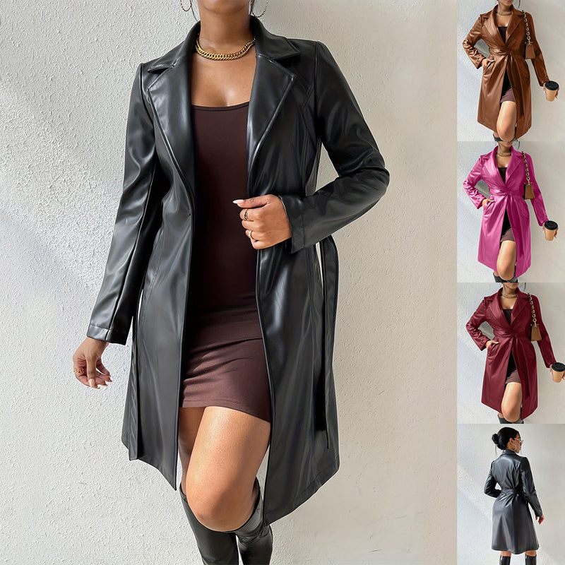 PU Leather Slim Trench Coat