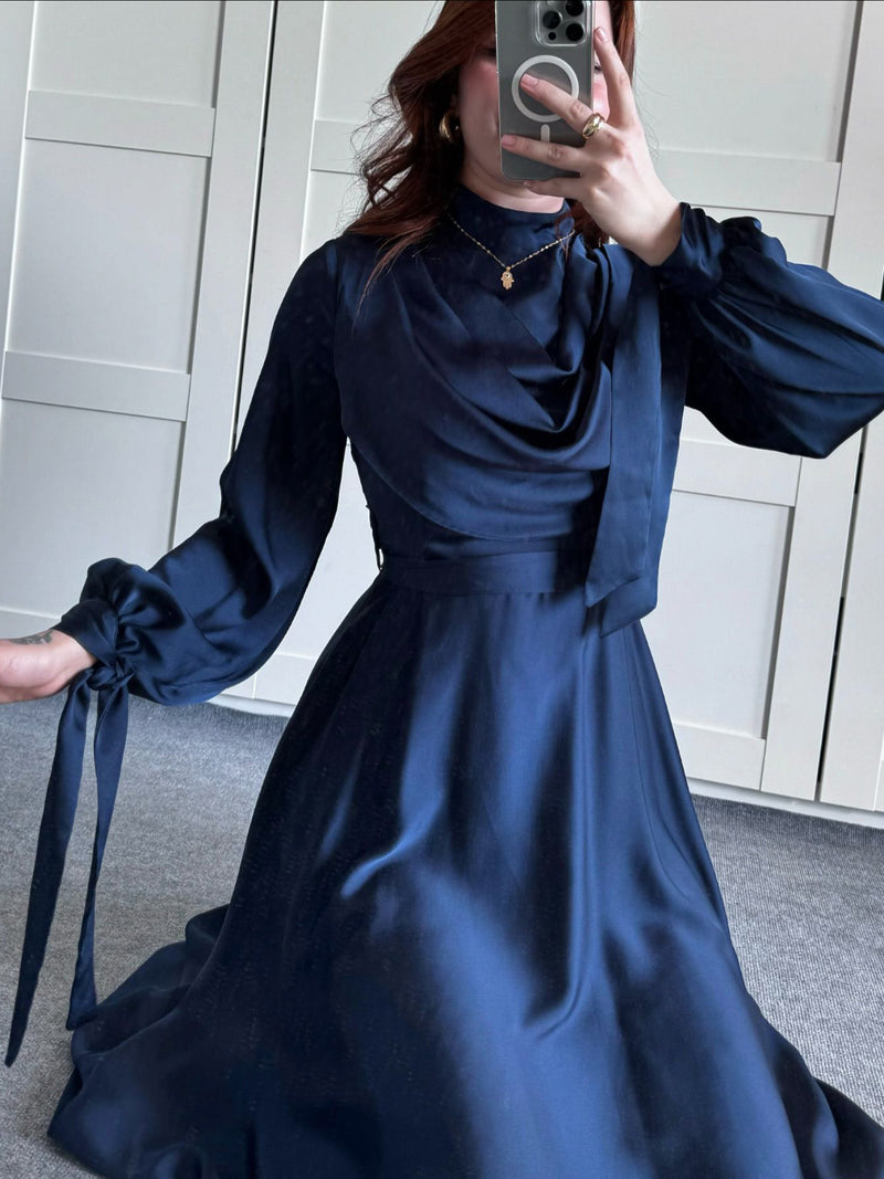 Satin Plunge Collar Long-Sleeve Maxi Dress