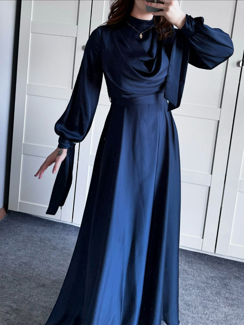 Satin Plunge Collar Long-Sleeve Maxi Dress