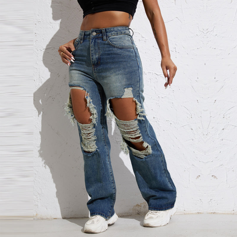 Blue Rip Jean, Wide Leg, Retro Wmn Fit.