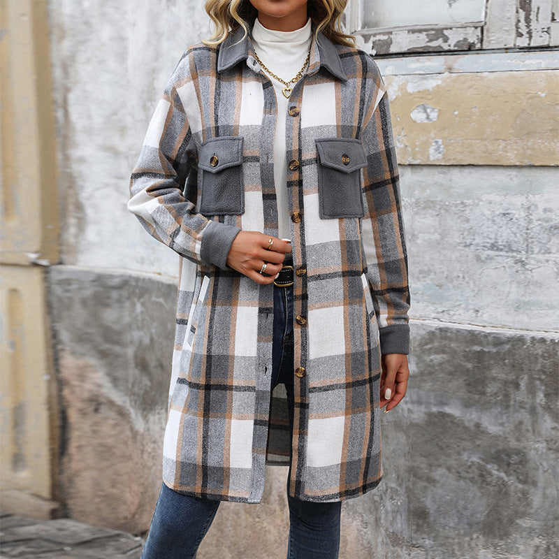 Plaid Long Coat with Pockets - Women&