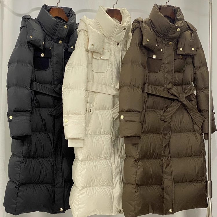 Waist-Tight Mid-Length Hooded Down Jacket