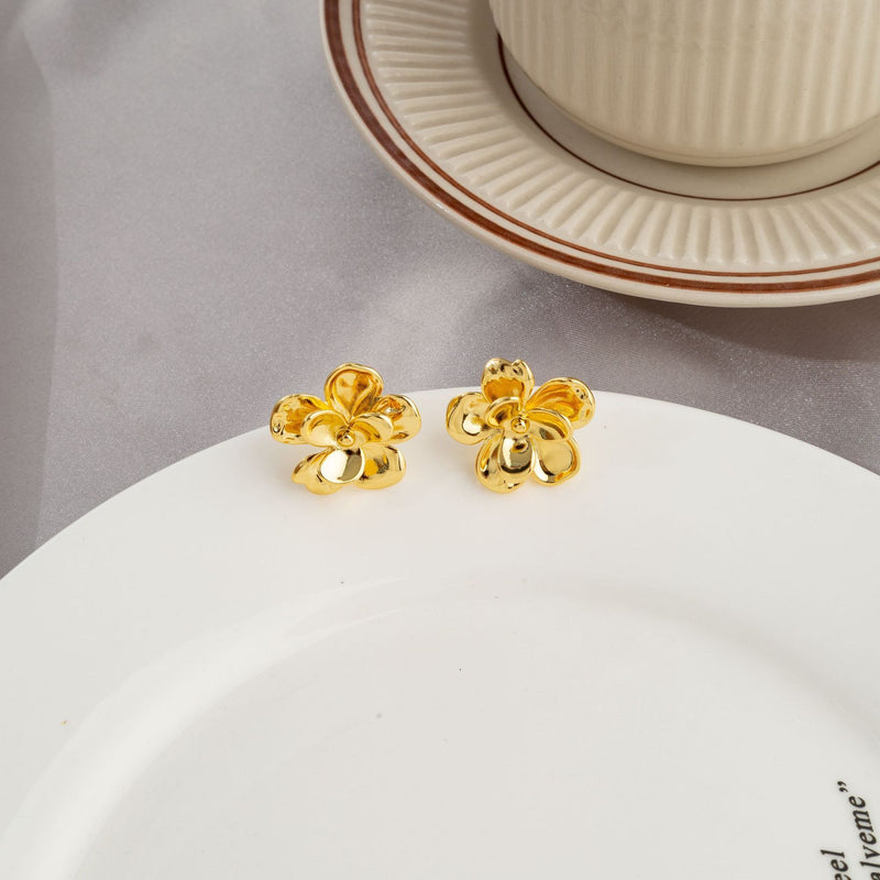 Silver Needle Golden Flower Stud Earrings