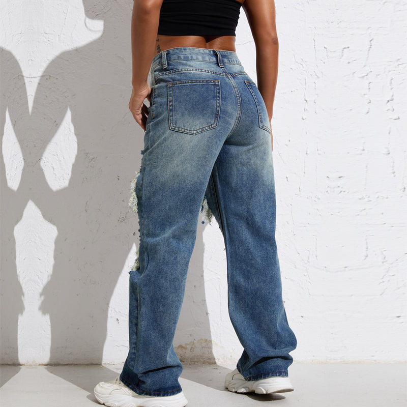 Blue Rip Jean, Wide Leg, Retro Wmn Fit.